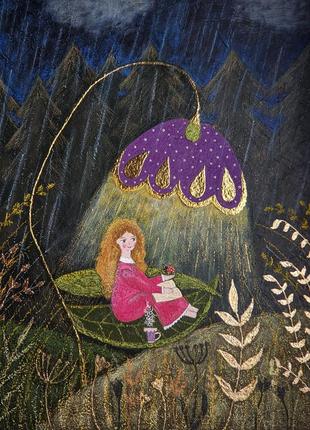 Картина акрилом девочка в лесу для детской комнаты кафе 30 на 40 свет тьма дождь золото акрил поталь1 фото