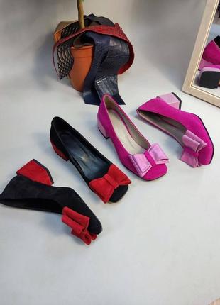 Замшевые туфли с бантиком на квадратном каблуке много цветов6 фото
