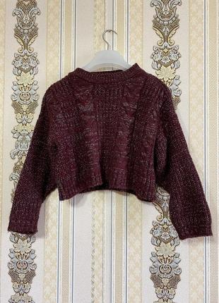 Стильный укороченный вязаный свитерок, бордовый свитер, кофта оверсайз2 фото