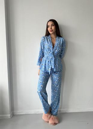 Комплект для дома халат и штаны, домашний комплект, пижама софт