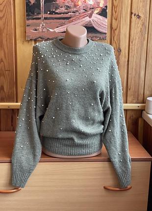 Кофта хаки свитер бусинки жемчуг летучая мышь вязаная свободная