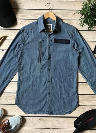 Мужская синяя джинсовая рубашка с длинным рукавом g-star raw denim cargo line 3301 5620