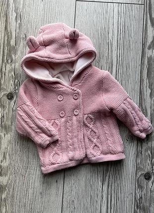Теплая вязаная утепленная кофта куртка с капюшоном на девочку