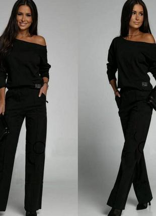 Костюм жіночий трендовий чорний однотонний  штани прямого крою зі стрілками на резинці з високою посадкою стильний кофта з спущеним плечем
