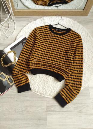 Светр zara вязаний вкорочений жовтий з чорним текстурний