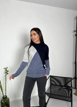 Кофта светр теплий якісний в'язаний жіночий синій з геометричним принтом стильний напів вовна