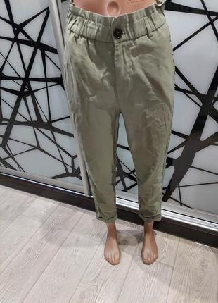 Укороченные брюки с высокой посадкой zara цвета хаки 42-46