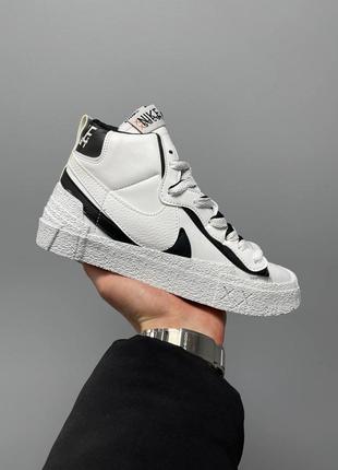 Женские высокие кожаные кроссовки nike blazer mid x sacai black/whitelack