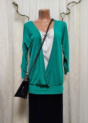 Фірмова janina ошатна кофта/джемпер у бірюзі з білою блузою обманкою, розмір м-л