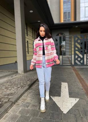 Жіноча кашемірова сорочка в клітинку якісна рожева оранжева помаранчева тепла демісезонна