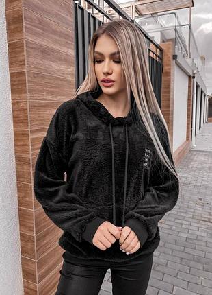 Женское худи махровое меховое гуди теплое черное коричневое с капюшоном