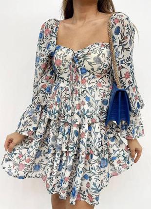Платье с нежным цветочным принтом из декольте шифон разлетайка в ромашку весна лето черное оранжевый с воланами голубое молоко в горошек1 фото