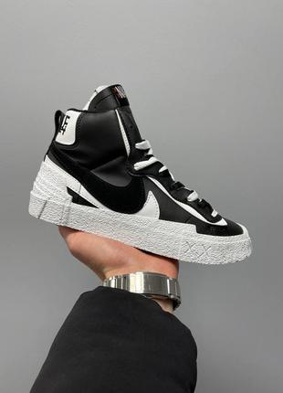 Жіночі шкіряні високі кросівки nike blazer mid x sacai ‘black white’ 🇺🇦