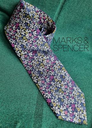 Шовкова красива брендова синя краватка в квіти marks & spencer