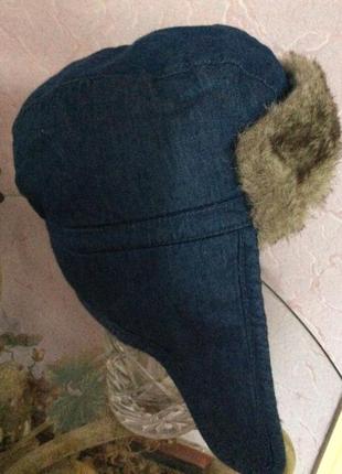 Теплая джинсовая шапка на меху