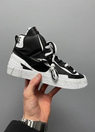 Женские черно-белые высокие кожаные кроссовки nike blazer mid x sacai🆕 найк блейзер