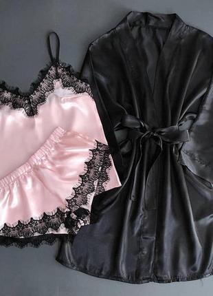 Гарний комплект халат та піжама з атласу, атласний набір піжама майка та шорти і халат