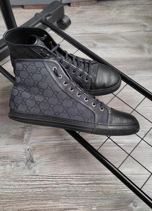 Чоловічі кросівки gucci men's black leather canvas hi-top sneakers premium
