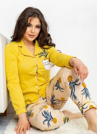 Актуальная удобная хлопковая женская пижама с рубашкой жёлтая женская пижама хлопок пижама батал натуральная трикотажная пижама большого размера3 фото