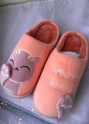 Мягкие плюшевые тапочки тапки комнатные домашние для дома теплые тёплые с кошкой котом женские