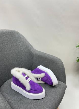 Ботинки лоферы высокие замшевые фиолетовые с опушкой с меха норки  много цветов8 фото