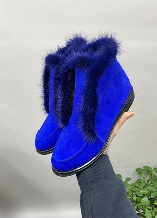 Синие лоферы опушка натуральная норка ботинки зима демисезон2 фото