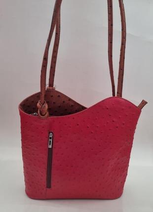 Червона сумка з шкіри, шкіряна сумка рюкзак, сумка трансформер, сумка на плече італія