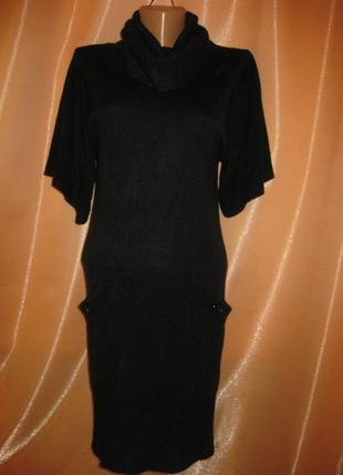 Теплое черное вязаное в рубчик платье свитер гольф водолазка км1511 с высоким горлом с карманами4 фото