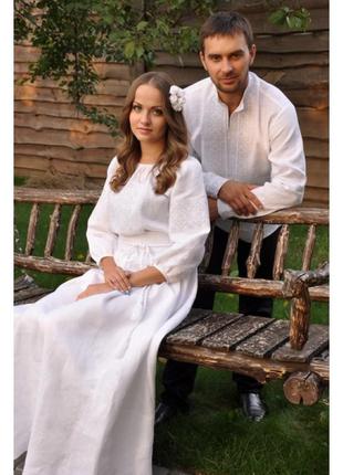 Свадебный комплект - мужская вышиванка и женское платье с вышивкой в технике "белым по белому"1 фото