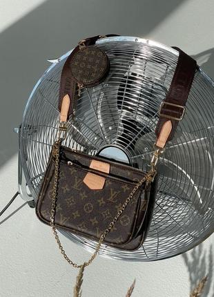 Модна коричнева брендова сумочка трійка 3 в 1 на широкому ремінці через плече маленька міні сумка1 фото