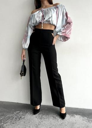 Женские брюки с высокой посадкой с вырезами черные бежевые коричневые нарядные классические6 фото