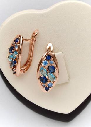 Позолочені сережки сині блакитні камені медичне золото подарунок позолоченные серьги синие голубые камни подарок