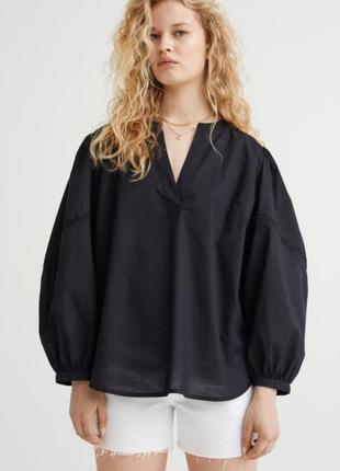H&amp;m натуральная базовая оверсайз рубашка блузка с объемными рукавами черного цвета размер xs s