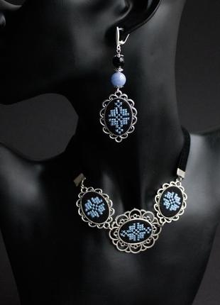 Блакитний комплект сережки кольє агат срібні застібки українські прикраси під вишиванку1 фото