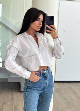Белая блуза рубашка с бахромой стразами