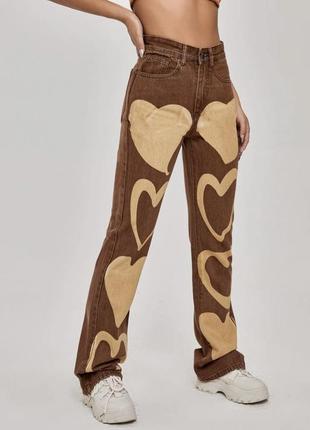 Джинси шейн широкі кльош кльошні з сердечками shein jeans6 фото
