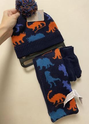 Набір шапка шарфа рукавиці primark dino динозаври 2-4 роки