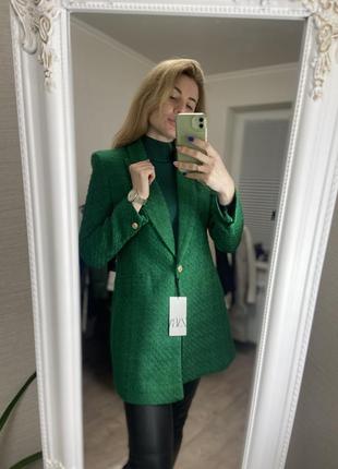 Удлиненный  зеленый твидовый пиджак пальто3 фото