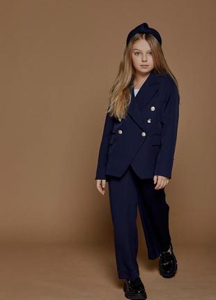Костюм детский подростковый для девочки двубортный пиджак брюки темно - синий школьная форма девочке2 фото