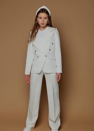Костюм детский  подростковый для девочки двубортный пиджак брюки, белый, нарядный5 фото