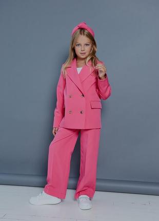 Костюм детский подростковый брючный для девочки двубортный пиджак брюки малиновый нарядный1 фото