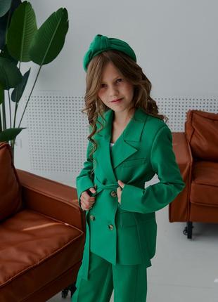 Костюм детский подростковый брючный для девочки двубортный пиджак брюки зеленый школьная форма8 фото
