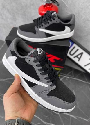 Отличные мужские кроссовки nike air jordan 1 retro low x travis scott cactus jack grey black серые с чёрным