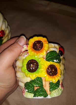 Баночки с подсолнухами горшочки для запекания с рисунком цветы 3 штуки7 фото