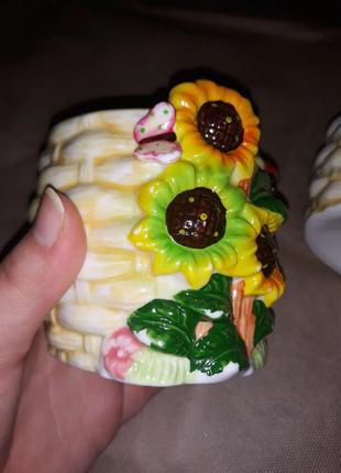 Баночки с подсолнухами горшочки для запекания с рисунком цветы 3 штуки5 фото