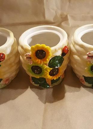 Баночки с подсолнухами горшочки для запекания с рисунком цветы 3 штуки