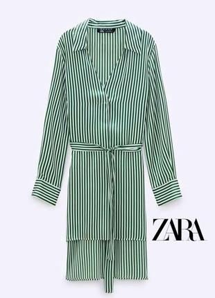 Zara сукня - сорочка в смужку з сатину з поясом1 фото