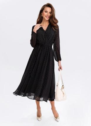 Чорна шифонова сукня зі спідницею - сонце, запахом на грудях, горошок, плаття3 фото