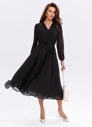 Чорна шифонова сукня зі спідницею - сонце, запахом на грудях, горошок, плаття
