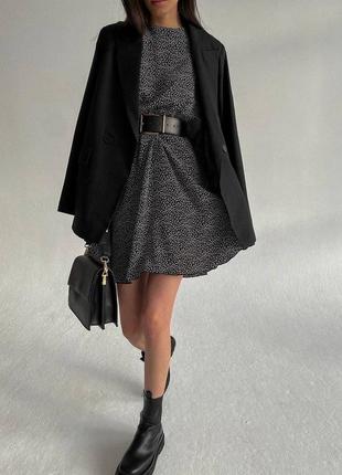 Женское короткое легкое черное платье в мелкий белый горошек с длинным свободным рукавом с резинкой на талии с м л хл 44 46 48 50 s m l xl3 фото